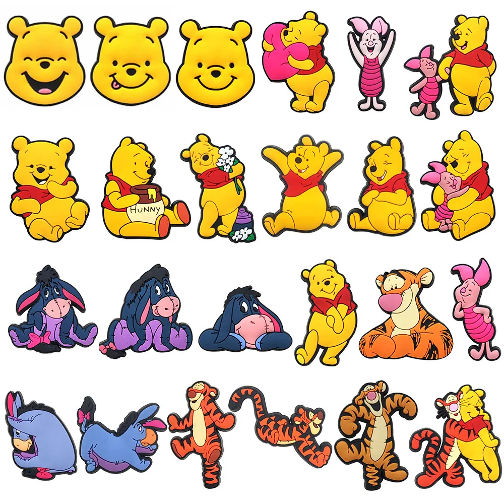 20-66pcs Cartoon Pooh Piglet Tigger Honey Shoe Charms PVC Shoes Accessories Decoration For Clog Sandal Garden Kids X-mas Gifts