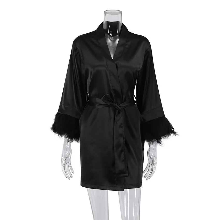 Feather Sleeve Kimono Robe Gown Nightgown Women Sleepdress With Belt Sexy Bathrobe Summer Satin Morning Sleepwear Lingerie