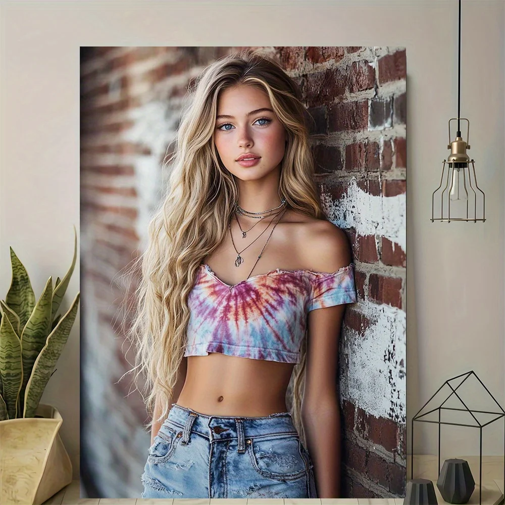 

1pc Modern Vintage Design Canvas Wall Art - Elegant Woman In Tie-Dye Crop Top & Jeans, Leaning Against Brick Wall, High-Quality
