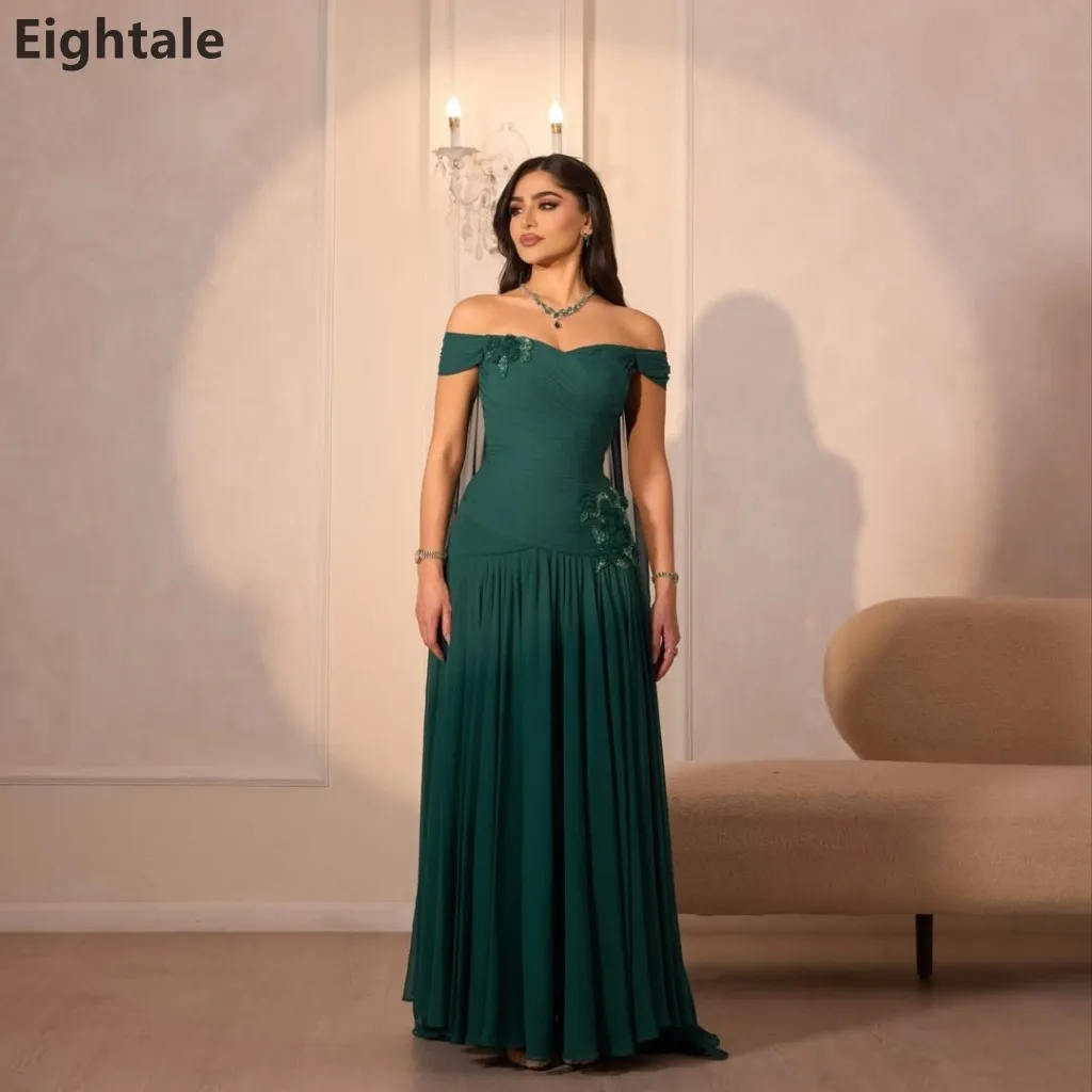

Eightale 2025 Green A Line Chiffon Maxi Evening Dress Off Shoulder Beads Saudi Arabic Prom Dress Dubai Party Gown Customized