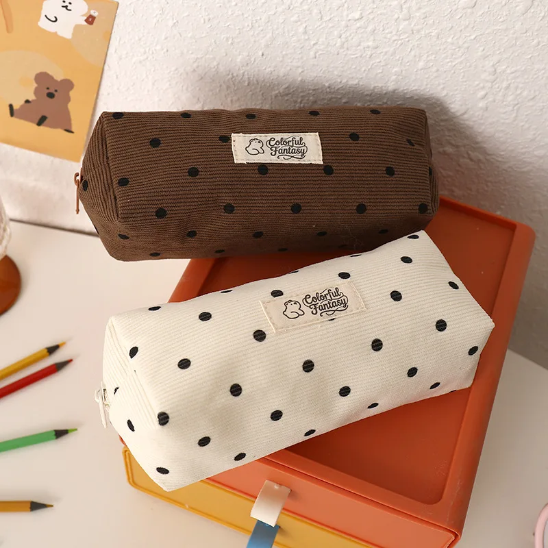 Koreanischer Stil Polka Dot Federmäppchen aus Cord mit großem Fassungsvermögen für Schülerinnen