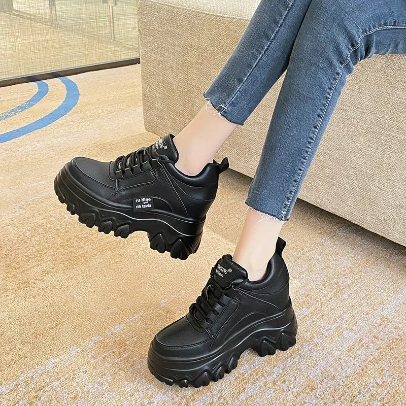 New Women Leather Platform Sneakers Spring Trainers White Shoes 9CM High Heels Wedge Outdoor Sport Shoes Breathable Casual Shoes