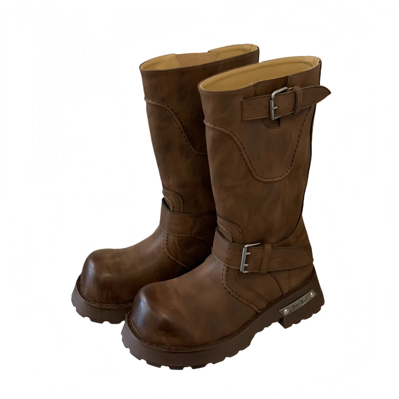 

Женские черные ботинки на платформе в стиле панк с пряжкой на ремне, готическая обувь на массивном каблуке, зимние сапоги до колена с круглым носком, коричневая женская обувь