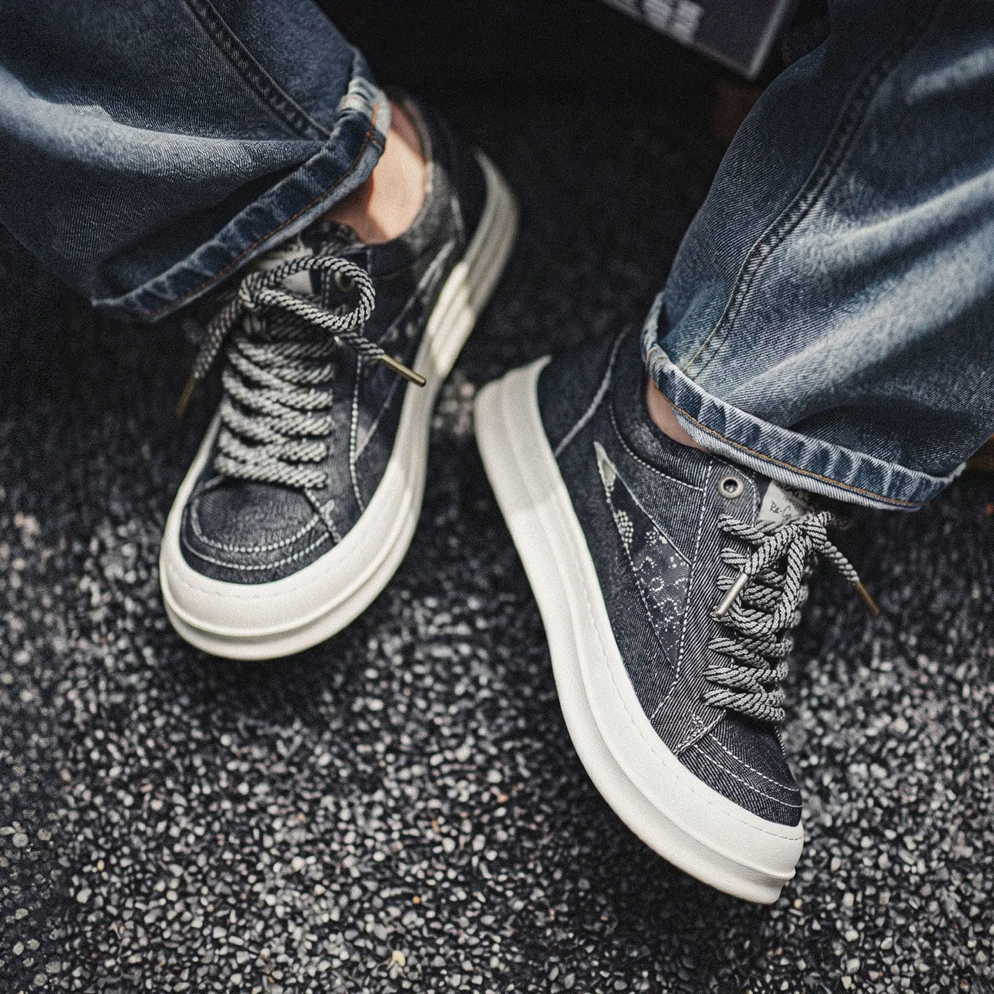 MADEN Black Denim Skate Sneakers Men Japanese Vintage Chunky Thick Sole Height Increasing City Boy Loose Casual Mens Shoes