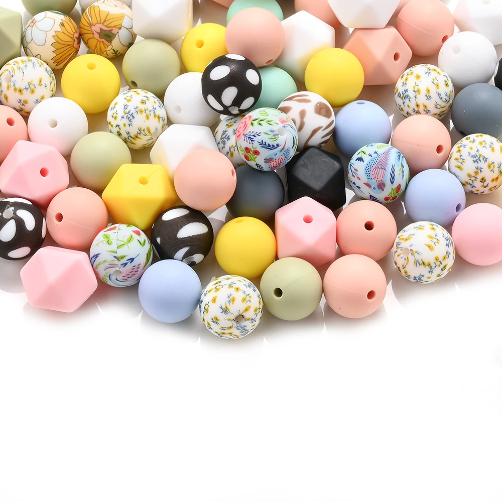 56Pcs Octagonal Silicone Beads Solid Color Bead Printing Bead Set Leopard Flecks Small Floral Print for Diy Necklace Bag Pendant