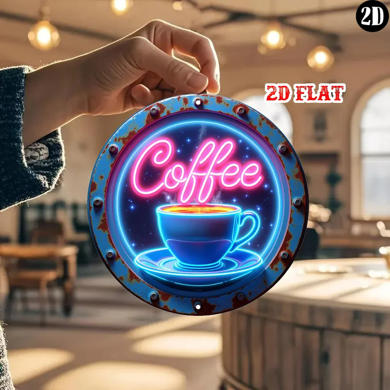 Round Rivet Frame Metal Tin Sign Coffee Fake Neon Print Wall Decor, Non LED 2D Flat Plaque For Cafe Kitchen