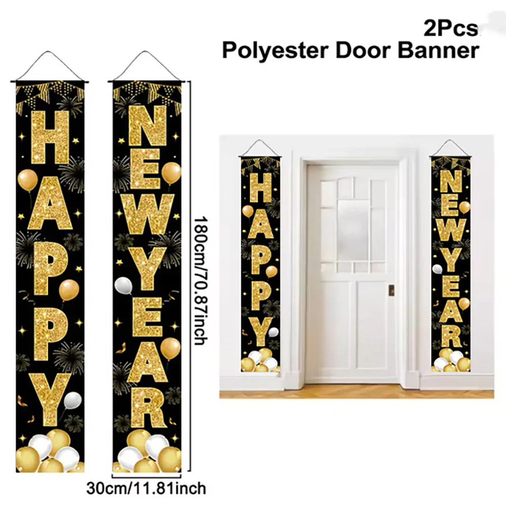 2026 Happy New Year Decorations Black Gold Hanging Door Banner Couplet Photography Backdrop Family Party Prop New Year 2026 Gift - Image 6