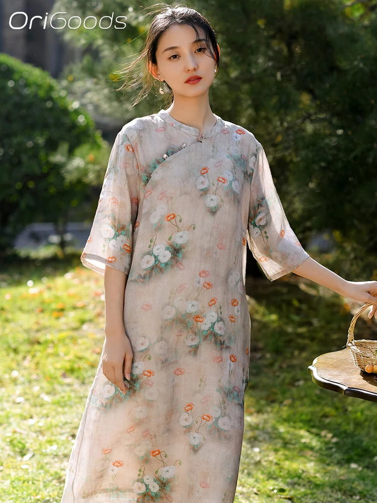 OriGoods Flower Print Summer Dress Women 2024 New Chinese style Qipao Dress Modern Ramie Elegant Mori girl Long Dress Q087