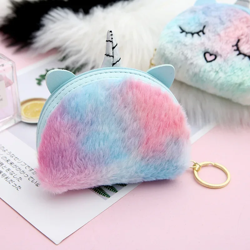 2024 Korean Cute Unicorn Mini Wallet Ladies Creative Colorful Plush Storage Coin Purse Multi-function All-match