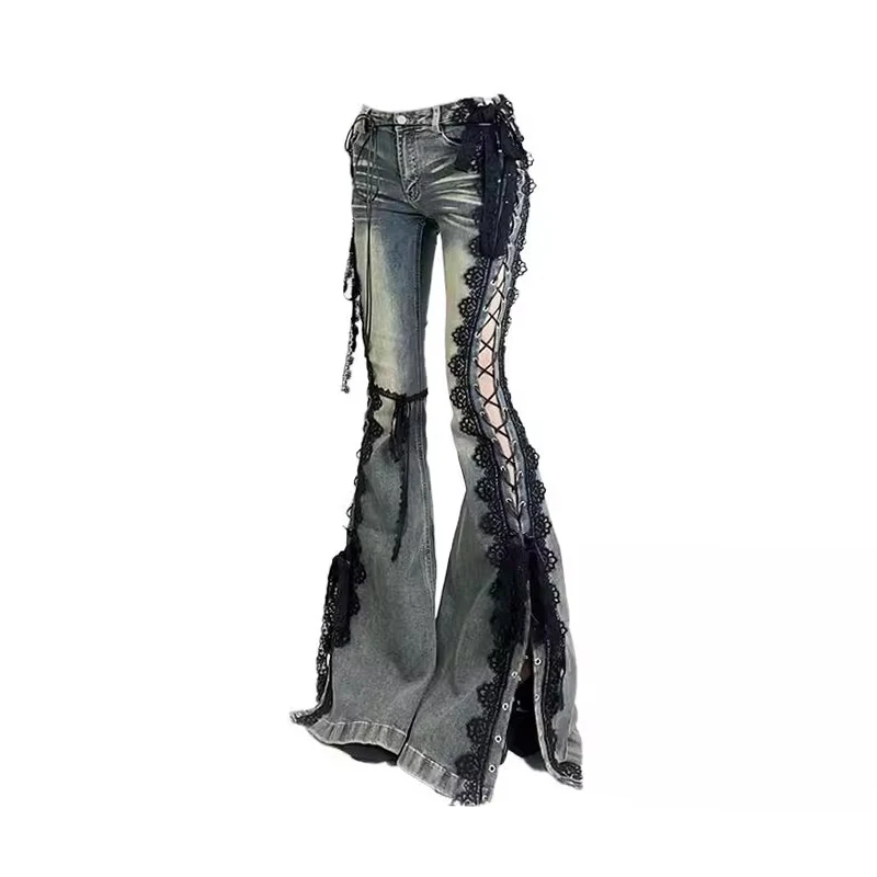 REDDACHiC Eyelets Lace Up Flare Jeans Retro Stitch Lace Whiskers
