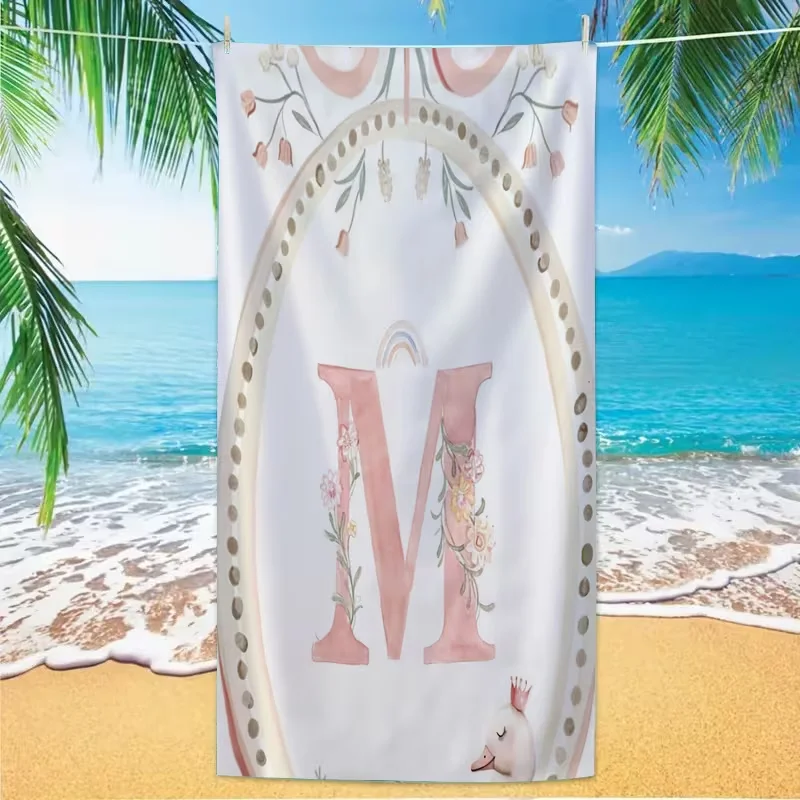 Watercolor Initial Letter M Beach Towel Cute Floral Rainbow Swan Boho Quick Dry Soft Towel for Beach Vacation Daily Use