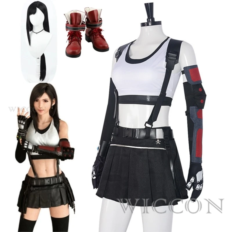 Final Fantasy VII Remake Tifa Cosplay Tifa Lockhart Cosplay Costume Adult Women Girls Wig Shoes Halloween Carnival Costumes