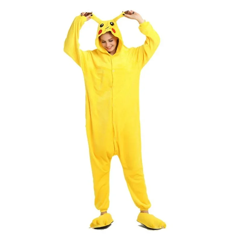 Cosplay Pikachu Flannel One-piece Hooded Pajamas Loungewear Long Sleeve Sleepwear Cute Yellow Homewear for Kids Adult