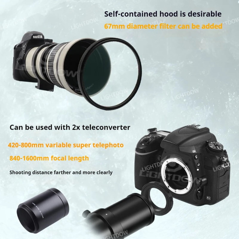 Lightdow 420-800mm F8.3-16 عدسة تليفوتوغرافي بإطار كامل للتكبير اليدوي لكاميرات DSLR Micro SLR Nikon Canon Sony