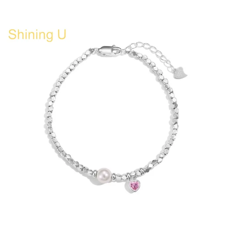 

Shining U S925 Silver Shell Pearl Heart Pendant Bracelet for Wemen Fine Jewelry Anniversary