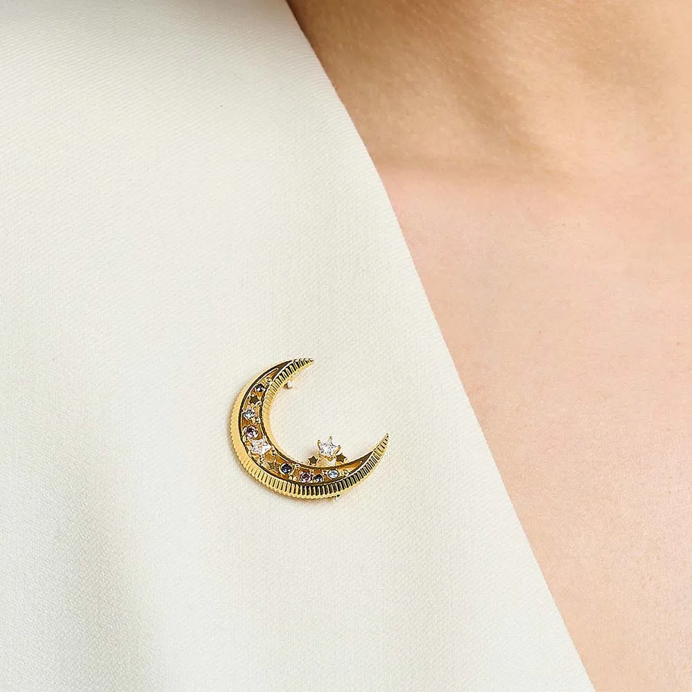 Colorful Moon Golden Brooch Brand New Fine Jewelry Romantic Gift For Women in Pure 925 Sterling Silver