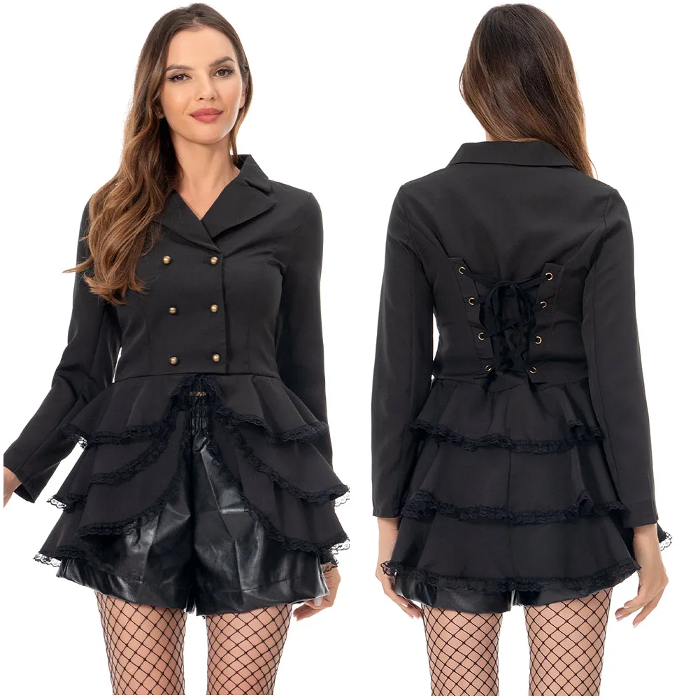 Women Slim Flounce Hem Suit Costume Lace-up Jacket Outfits Casual Halloween Carnival Suit