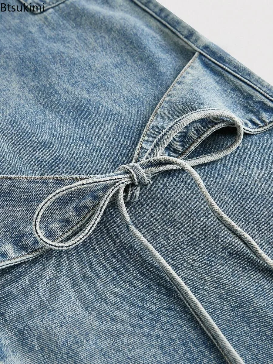 New 2026 Women's Fashion Blue Bow Baggy Y2k Cargo Jeans Harajuku Oversize Denim Pants for Women Mid Waist Casual Female Trousers