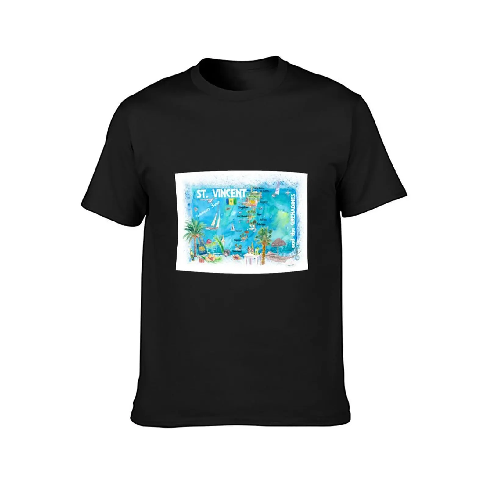 St Vincent Grenadines Antilles Illustrated Travel Map with Roads and Highlights T-Shirt summer tops mens graphic t-shirts