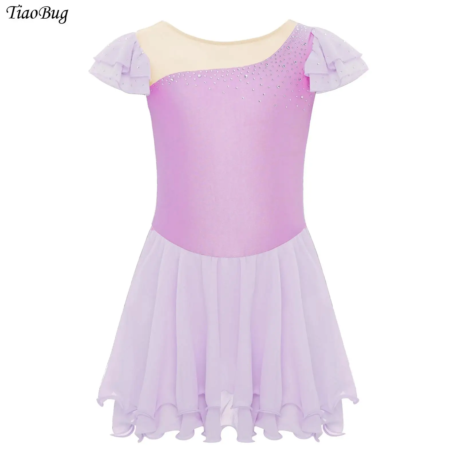 

Girls Ruffle Sleeveless Ballet Dance Dress Sheer Mesh Patchwork Rhinestones Figure Skating Dress Gymnastics Competition Leotard