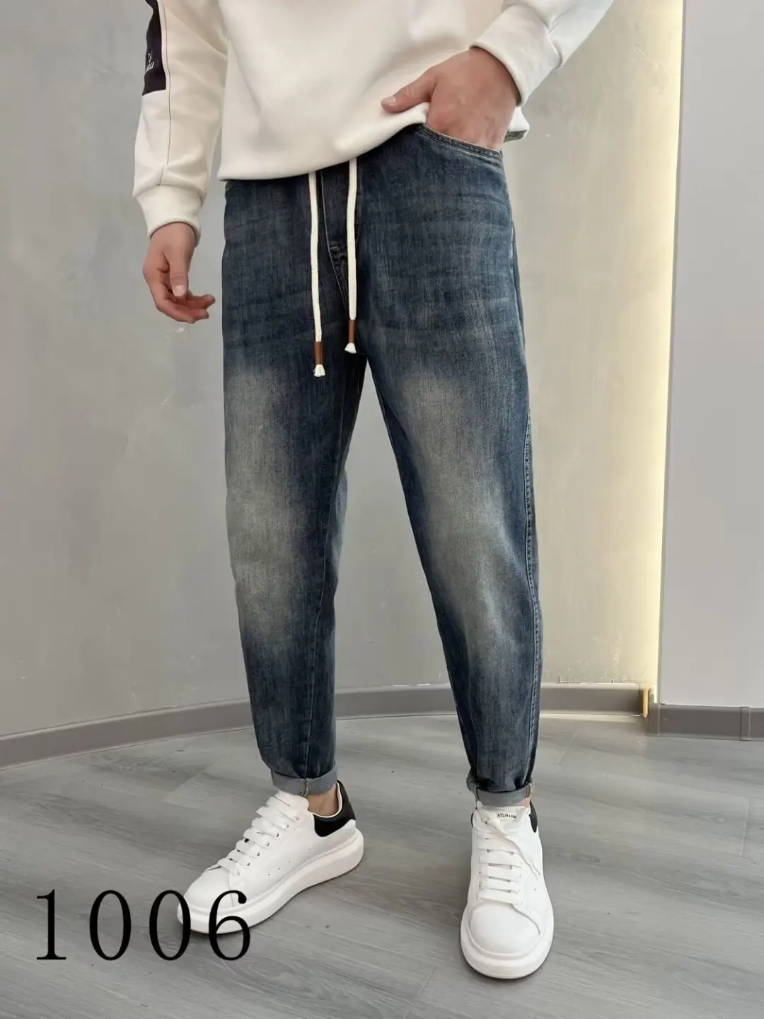 2024 Autumn Tapered Jeans Drawstring Hip Hop Baggy Designer Streetwear Men's Clothing Stylish Casual Denim Harem Jeans for Men