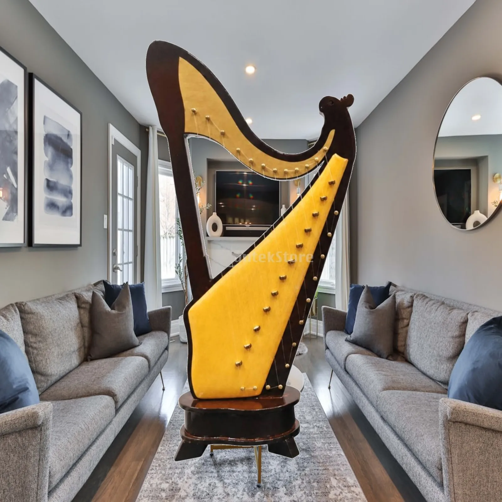 Wooden Mini Harp Model Classic Chinese Stringed Instrument Ornament with Tuning Pegs for Desk Shelf TV Cabinet Decoration