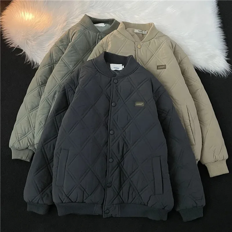 Trendy Diamond Pattern Men's Cotton Jaet Baseball Sle Coat Autumn Winter Thiened Youth Casual Loose Fit