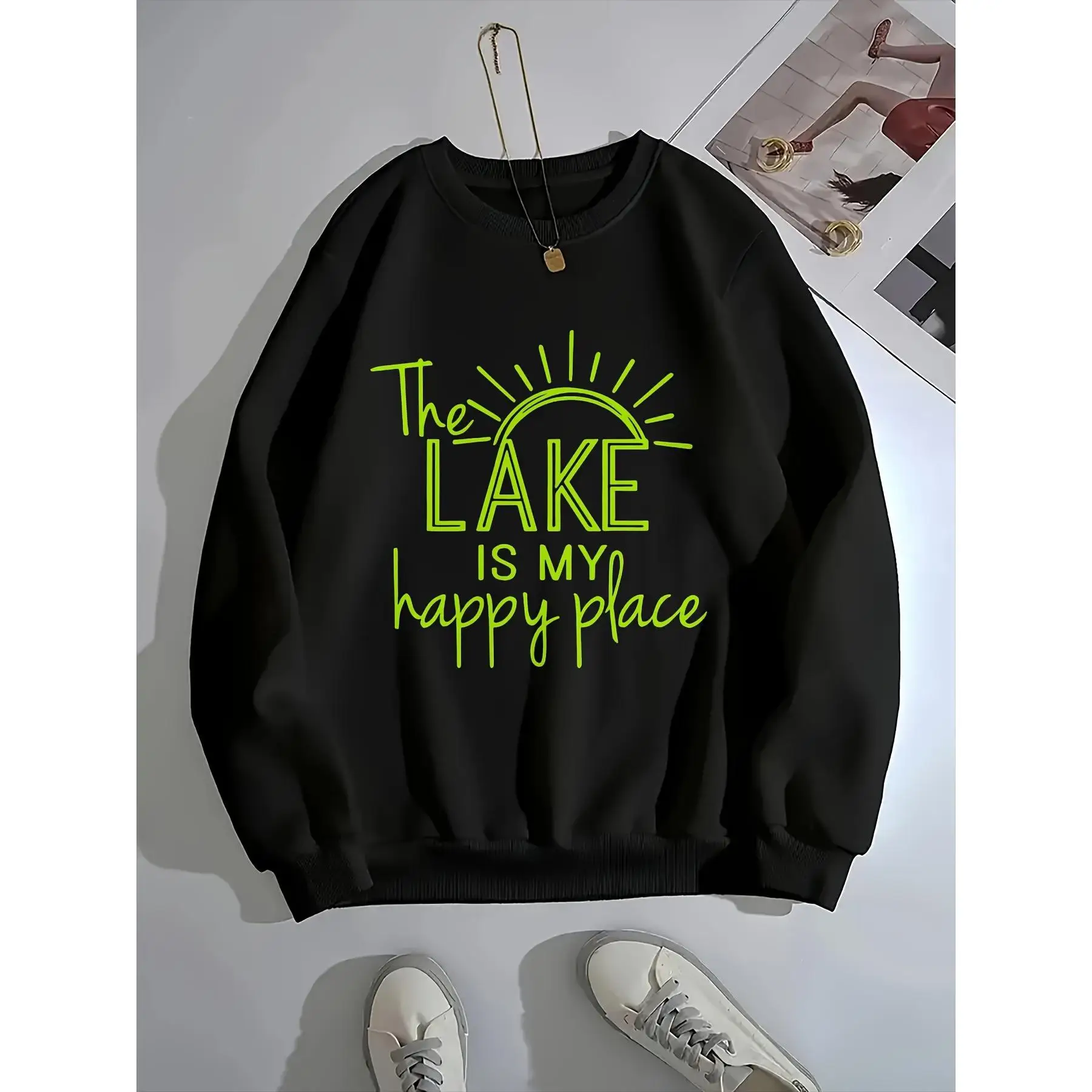 

Oversized Casual Crewneck Sweatshirt for Women and Men, Funny Lake Happy Place Graphic Print Top, Outdoor Vibe Vacation Gift
