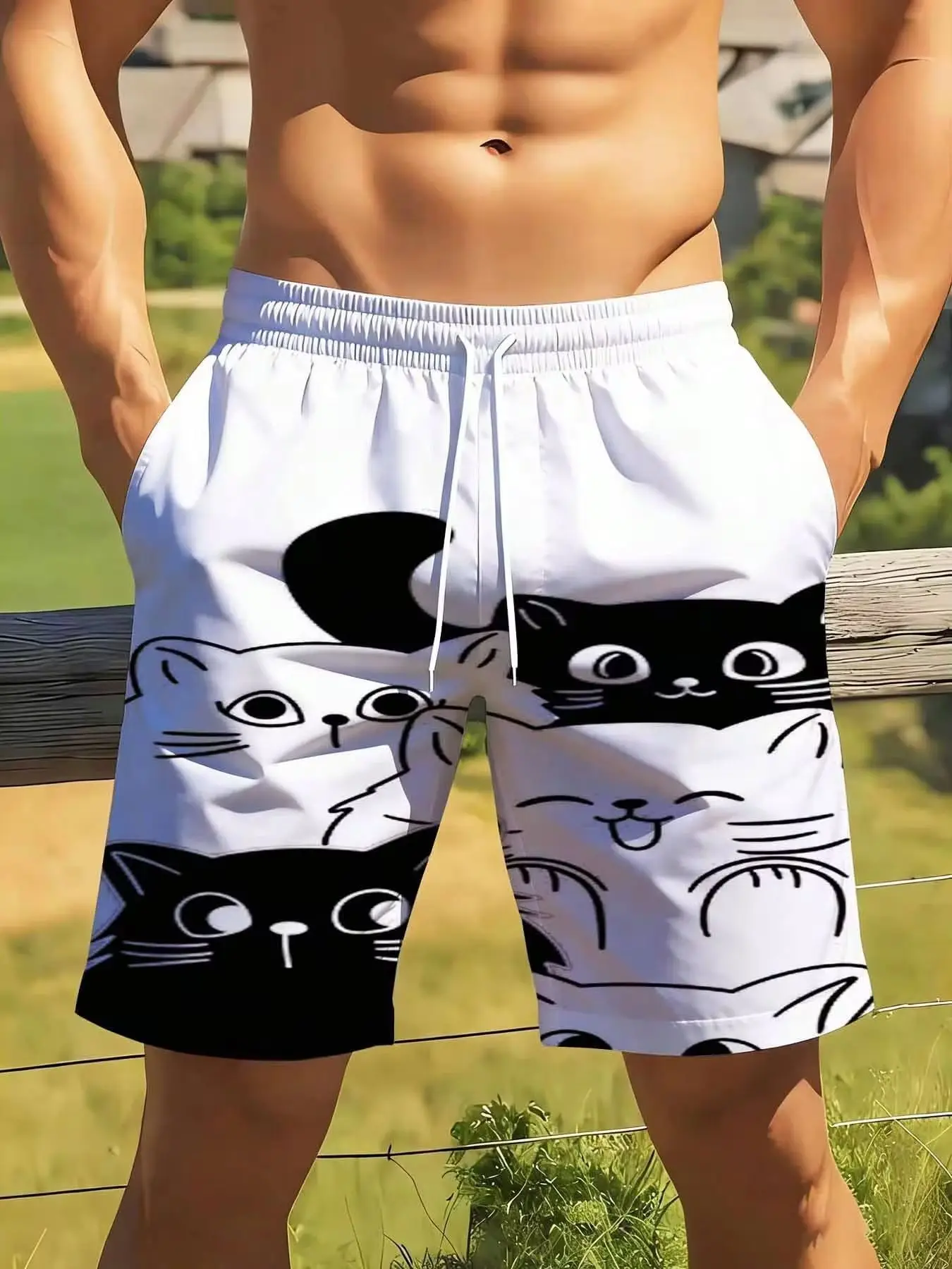 Cute Cat Print Swim Shorts for Men