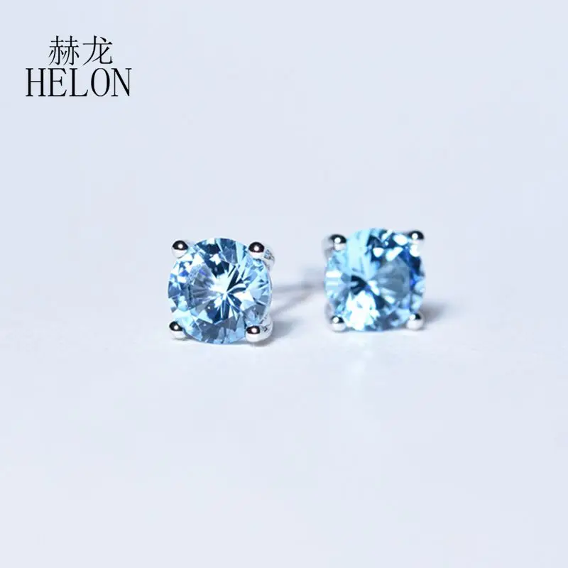 

HELON Solid 14K White Gold Stud Earrings Round 4mm Genuine Blue Topaz/Amethyst/London Blue Topaz/Citrine Gem Women Fine Jewelry