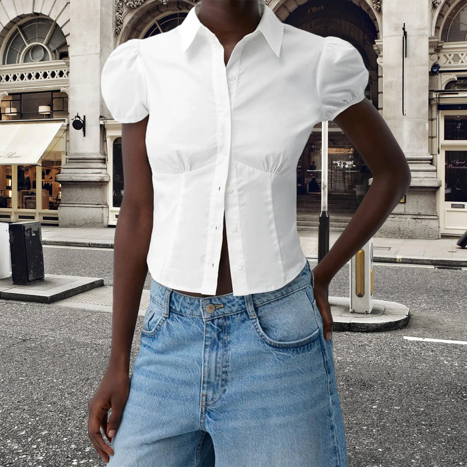 

Chic Solid Color/Striped Print Button Down Tops Women Puff Sleeve Lapel Collar Slim Fit Shirts Summer Blouses