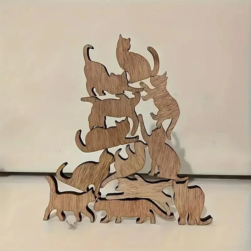 12pcs Different Shapes Cat Wooden Crafts, Stackable Cat Ornament DIY Crafts Graffiti Pet Themed Birthday and Holiday Party