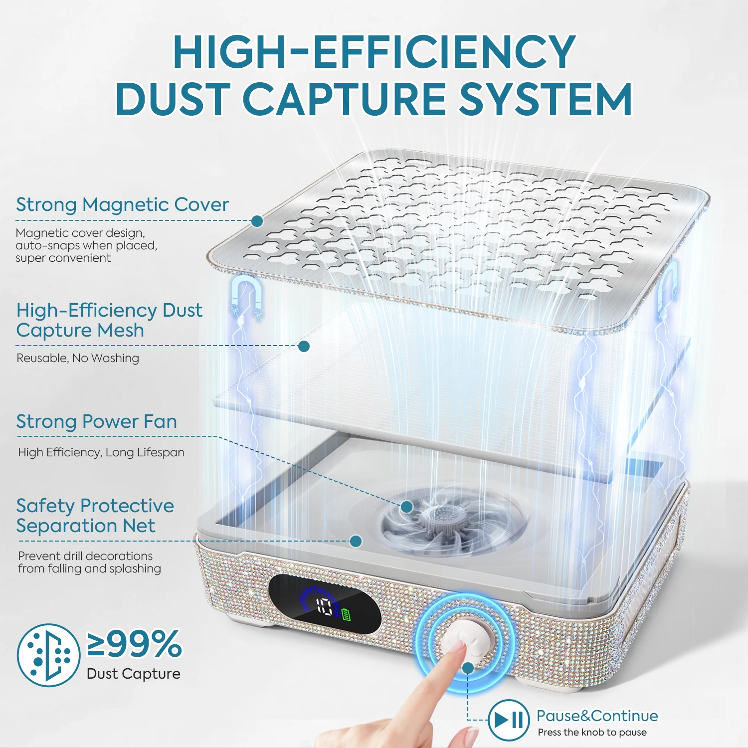 럭셔리 다이아몬드 네일 먼지 수집기 충전식 진공 청소기 LCD 디스플레이, 조절 가능한 속도, 자석 커버 포함