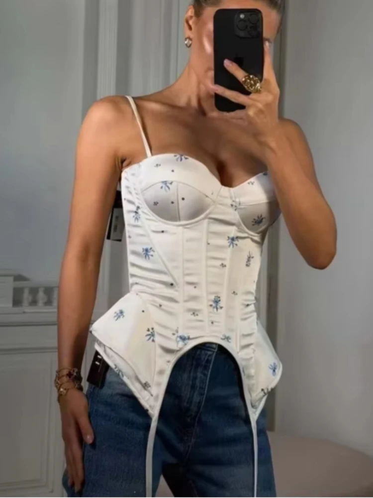 Coquette Women Ditsy Floral Satin Corset Tops Adjustable Spaghetti Straps Irregular Hem Bustier Y2K Fairy Sleeveless Camisoles