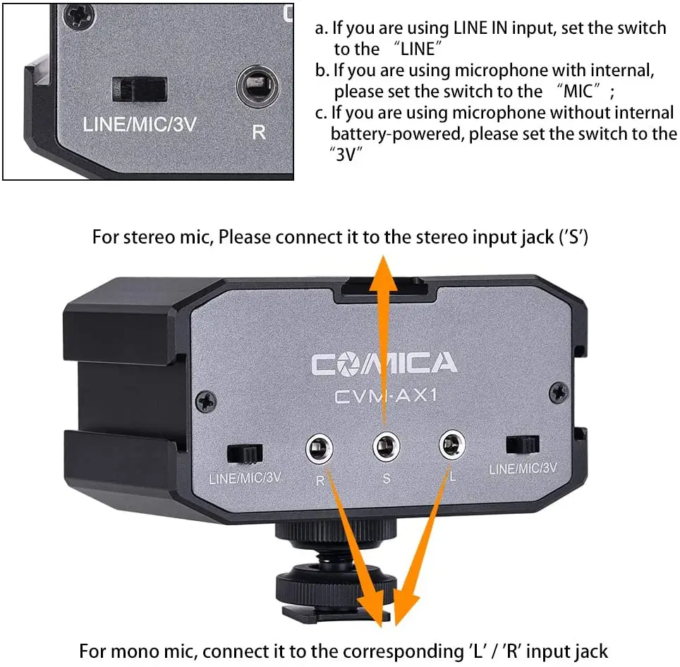 Comica CVM-AX1 DSLR محول الصوت ميكروفون محول خلاط الصوت مع مراقبة في الوقت الحقيقي قنوات مزدوجة 3.5 مللي متر ميناء كاميرا خلاط