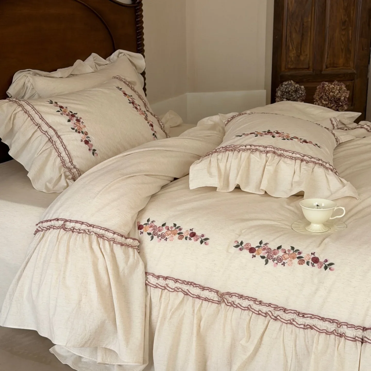 Linen-Cotton Rose Bedding Set 2026 New Fall French Country Duvet Cover Set Queen King Size Bed Sheet Set For Bedroom