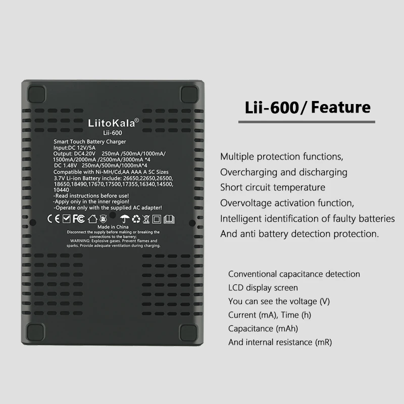 LiitoKala Lii-600 Battery Charger For Li-ion 3.7V and NiMH 1.2V Battery Suitable for 18650 26650 21700 26700 AA AAA 12V5A