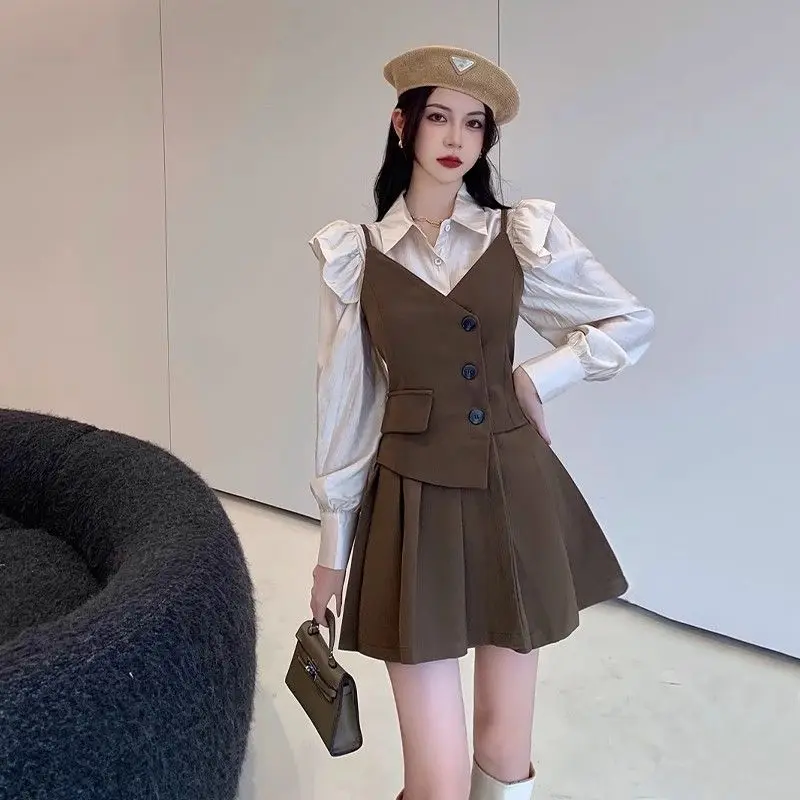 Women's Preppy Style Blouse Overall Mini Dresses Suits 2024 Spring Autumn New Fashion Shirt Tops Slim Strap Dress Two Piece Sets