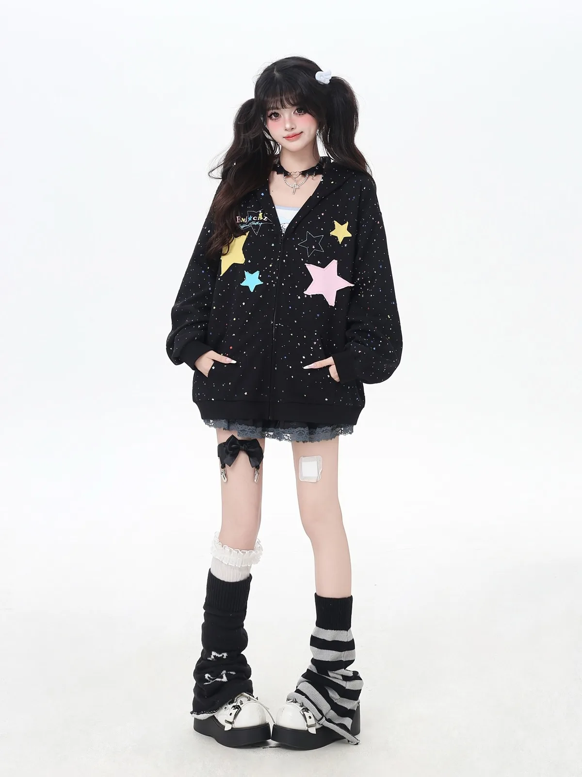 Sweet Preppy Style Subculture Oversized Hoodies Star Sequins Long Sleeve Zipper Loose Casual Versatile Sweatshirts Tops Women