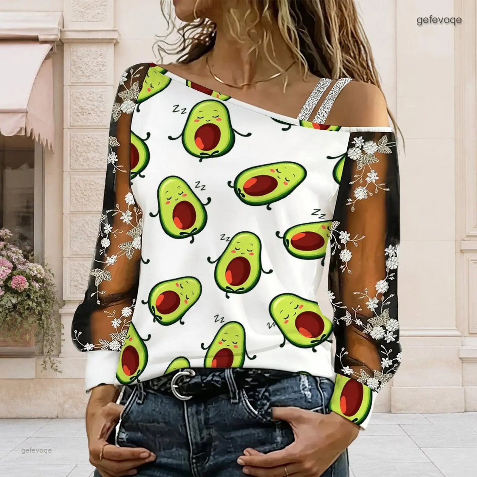 Women Cartoon Sleepy Avocado Print Asymmetric Cold Shoulder Long Sleeve Floral Embroidered Sheer Top