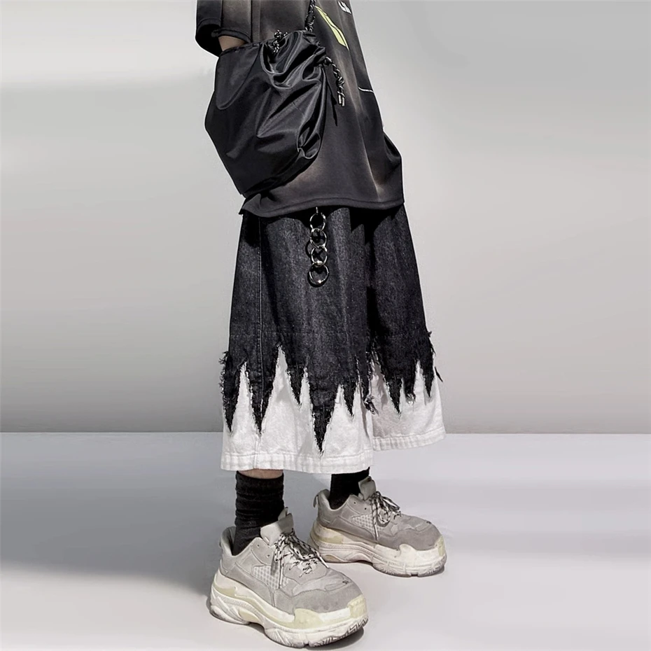 

Лоскутные джинсовые шорты, мужские уличные брюки до колена в стиле хип-хоп, винтажные мешковатые повседневные широкие джинсы в стиле Харадзюку, короткие мужские джинсы