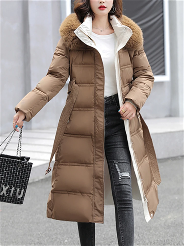 Cotton Parkas For Women Fall Winter 2023 New Fashion Long Sleeve Jackets Slim Fur Collar With A Hood Zipper Down Cotton Coats
