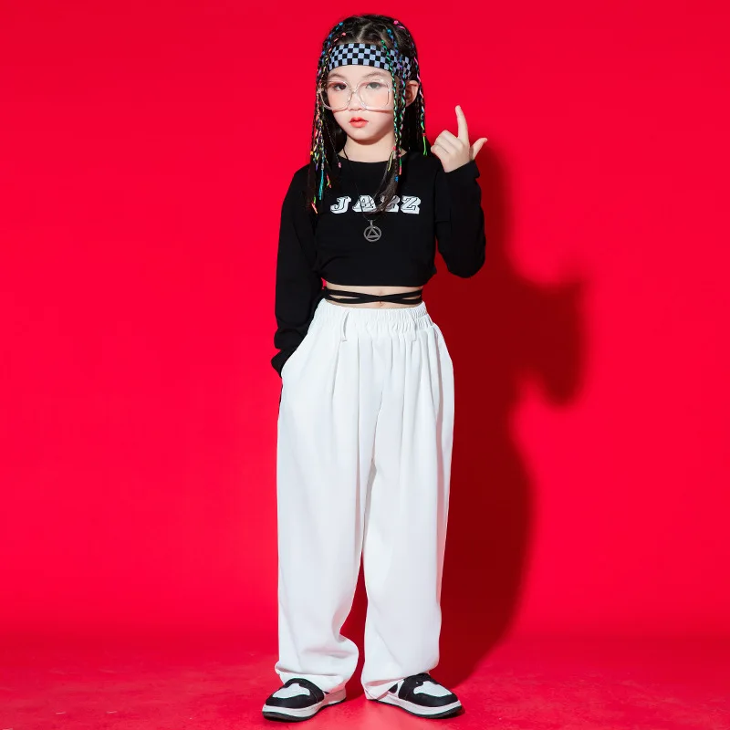 

Kid Kpop Hip Hop Clothing Black Lace Up Crop Top Long Sleeve Tee White Casual Baggy Pants for Girls Jazz Dance Costume Clothes