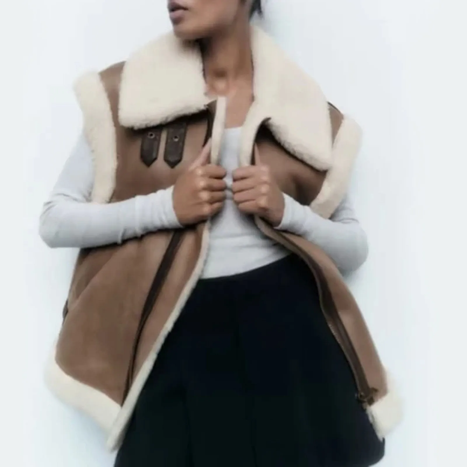 

Patchwork Autumn Winter Fleece Vest Coat Women Fashion Jacket Splice Sleeveless Waistcoat Coat Ladies Warm Outwear Street Tops