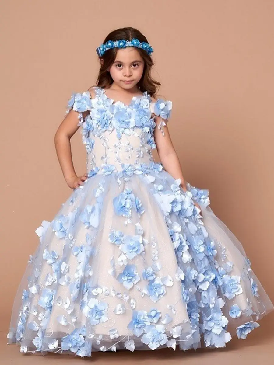 Gaun Mini Quinceanera biru gaun pesta bahu terbuka gaun Tulle bunga anak perempuan untuk kontes pernikahan gaun bayi