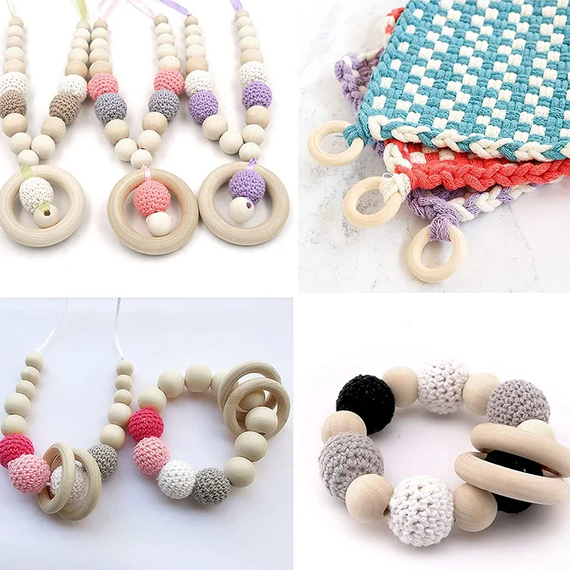 천연 나무 반지 비즈 미완성 된 나무 농구 아기 Teether 서클 Macrame DIY 공예 선물 쥬얼리 장식 액세서리 만들기