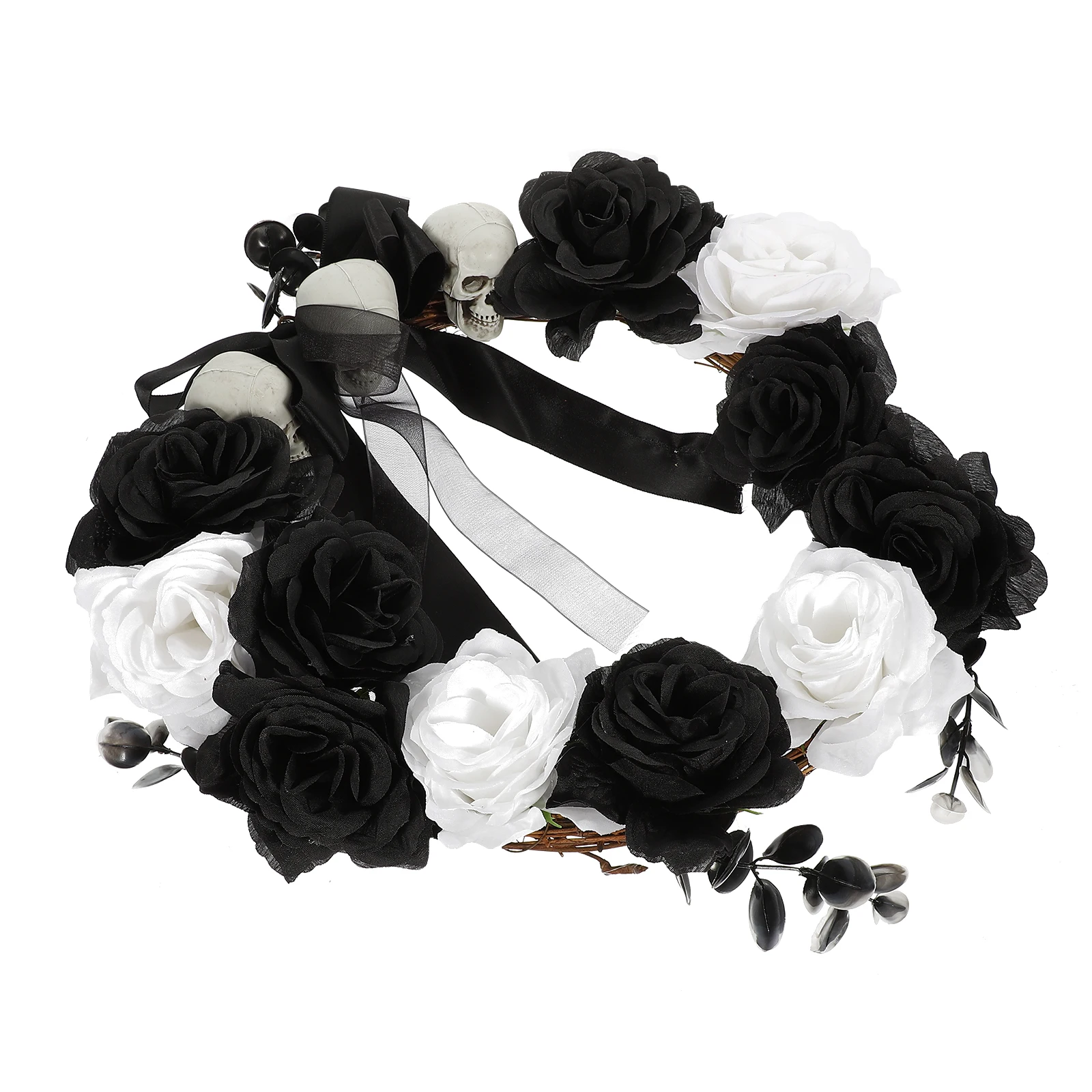 

Halloween Door Wreath Spooky Decor Black White Flower Ghost Skull Home Plastic Handmade Novel Prop Outdoor Party Supply