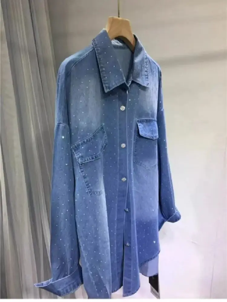 New In Autumn Spring Trend Hot Drilling Y2K Denim Shirts and Blouses Women's Oversized Casual Denim Top Jacket Woman Clothes