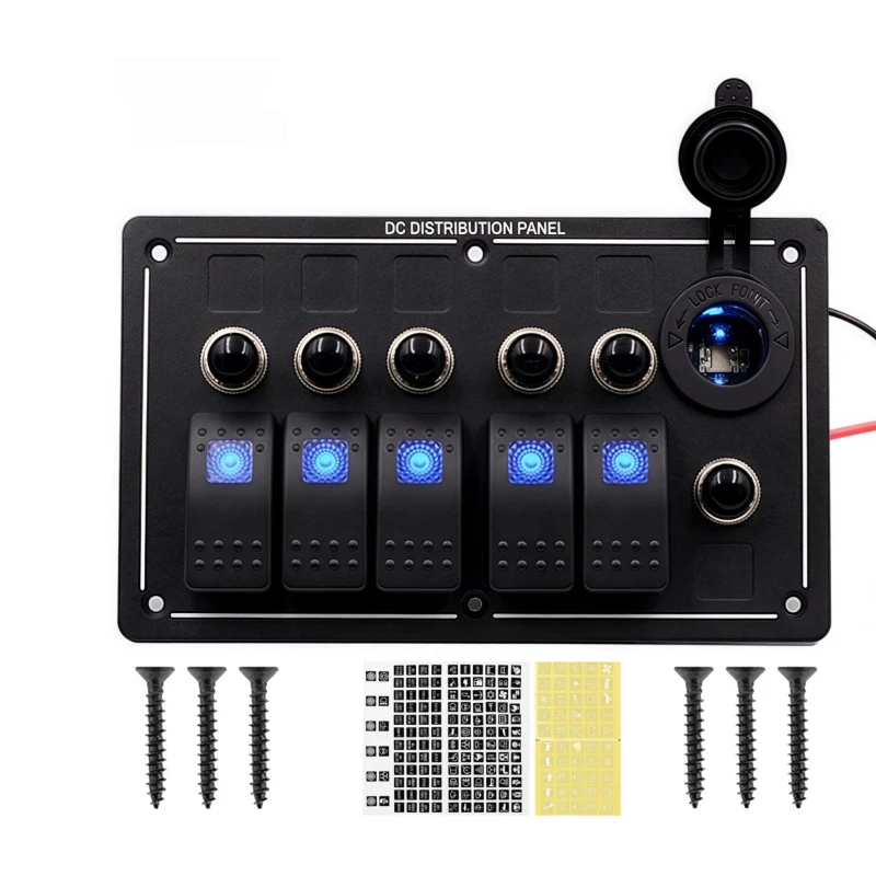 

5 Gang LED Rocker Switch Panel with Breakers 12V Cigarette Lighter Socket Marine Heavy Toggle Switch Board for Car RV Truck