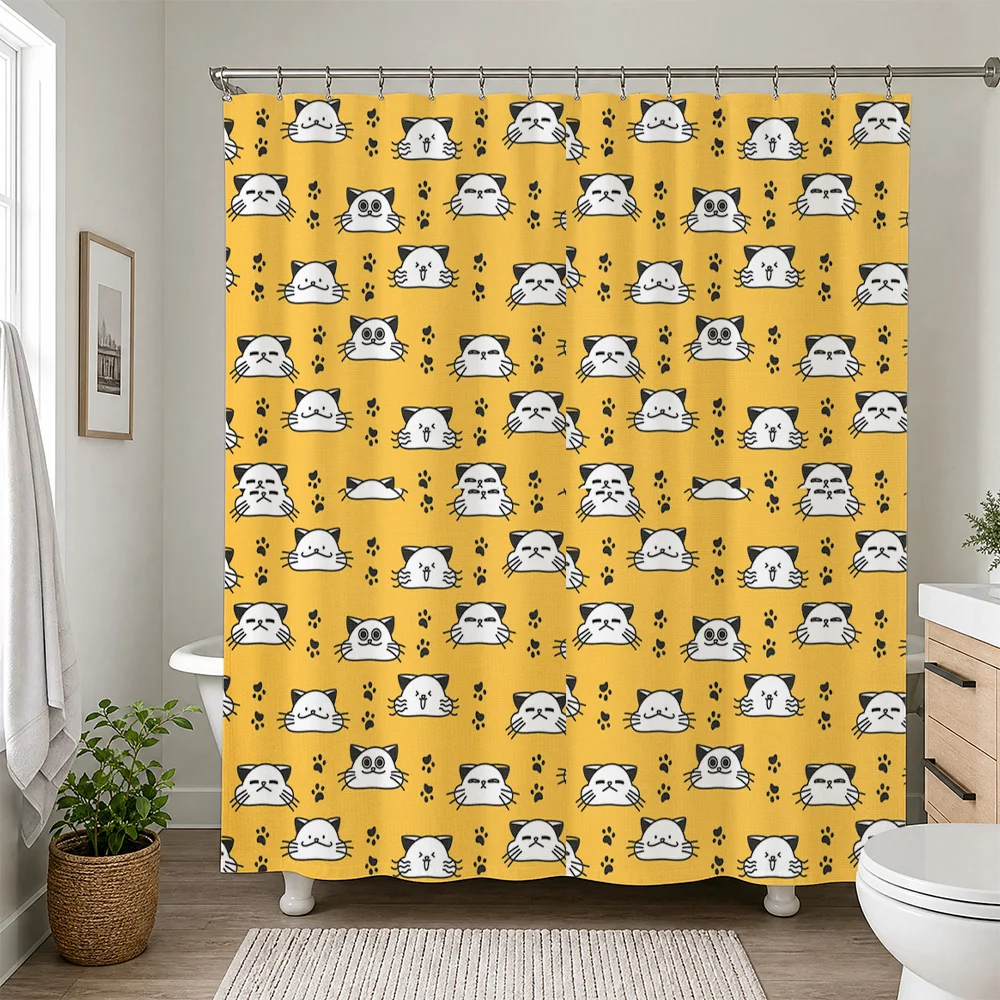 Waterproof Shower Curtain Yellow Cute Cat Face Pattern Bathroom Decor Funny Animal Print Shower Liner Home Accessories Stall Cur